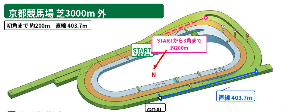 京都芝3000m外回りのコース図。スタート位置、3コーナーまで約200m、2周するコース形態、外回り直線403.7mを表示
