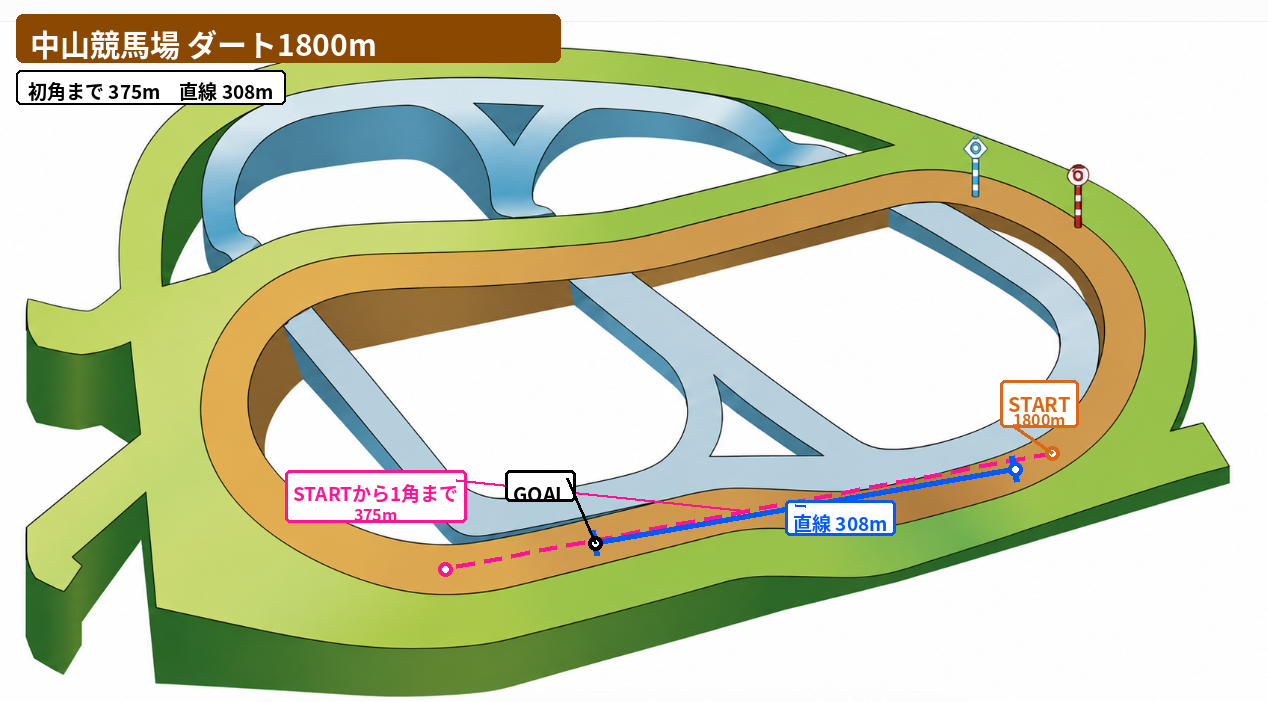 中山ダート1800mのコース図。スタートから1コーナーまで約375m、最後の直線308mを表示