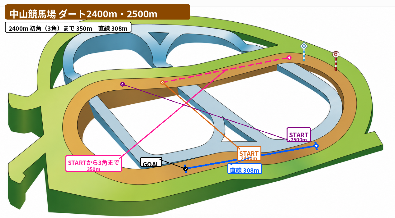中山ダート2400m・2500mの共通コース図。2500mは2400mより100m後方からスタートする