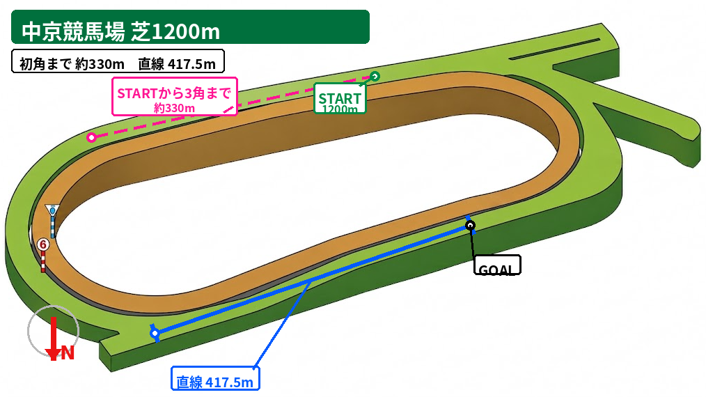 中京芝1200m コース図。スタート地点、初角または3角までの距離、直線距離、方角を示した図。
