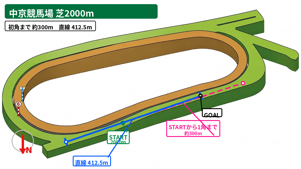 中京芝2000m コース図。スタート地点、初角または3角までの距離、直線距離、方角を示した図。
