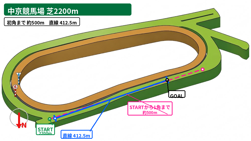 中京芝2200m コース図。スタート地点、初角または3角までの距離、直線距離、方角を示した図。