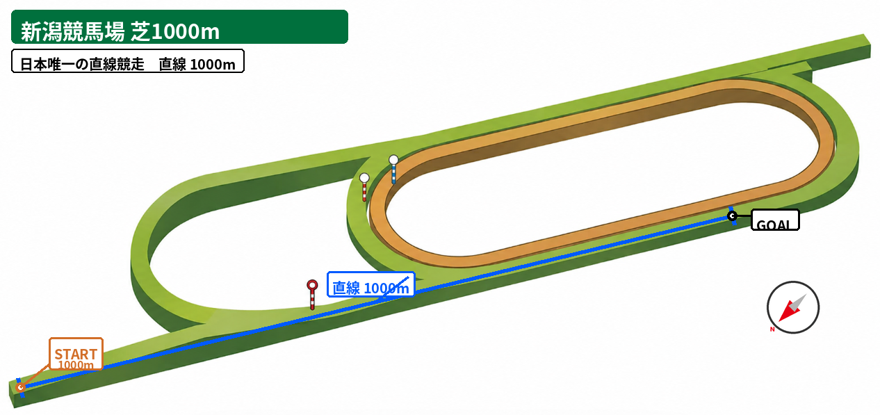 新潟芝1000m コース図。スタート地点、初角または3角までの距離、直線距離、方角を示した図。